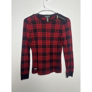 Ralph Lauren Top Wm XS Red Plaid Zip Shoulder Elbow Patch Long Sleeve